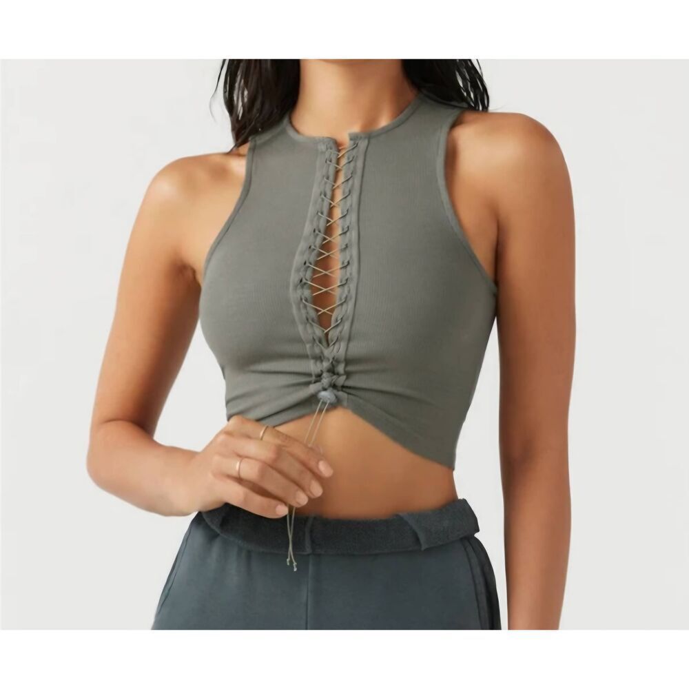 Joah Brown Lace Up Crop Tank Flex Rib grey sz S/M